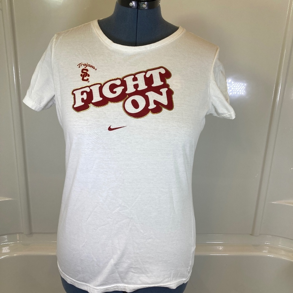 USC Trojans FIGHT ON Nike White Short Sleeve Shirt Sz XL Slim Fit Cut